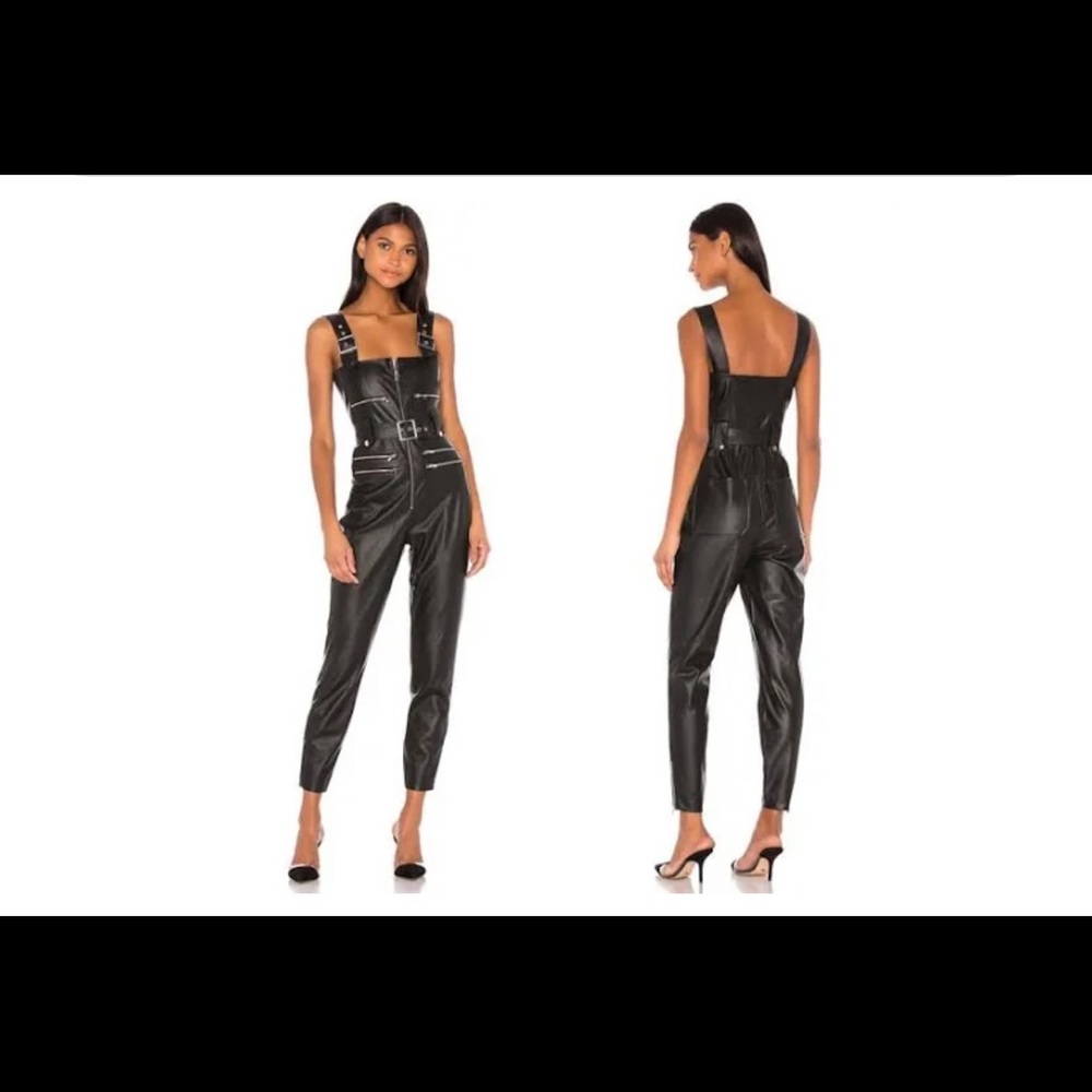WeWoreWhat Moto Vegan Leather Overalls in Black
